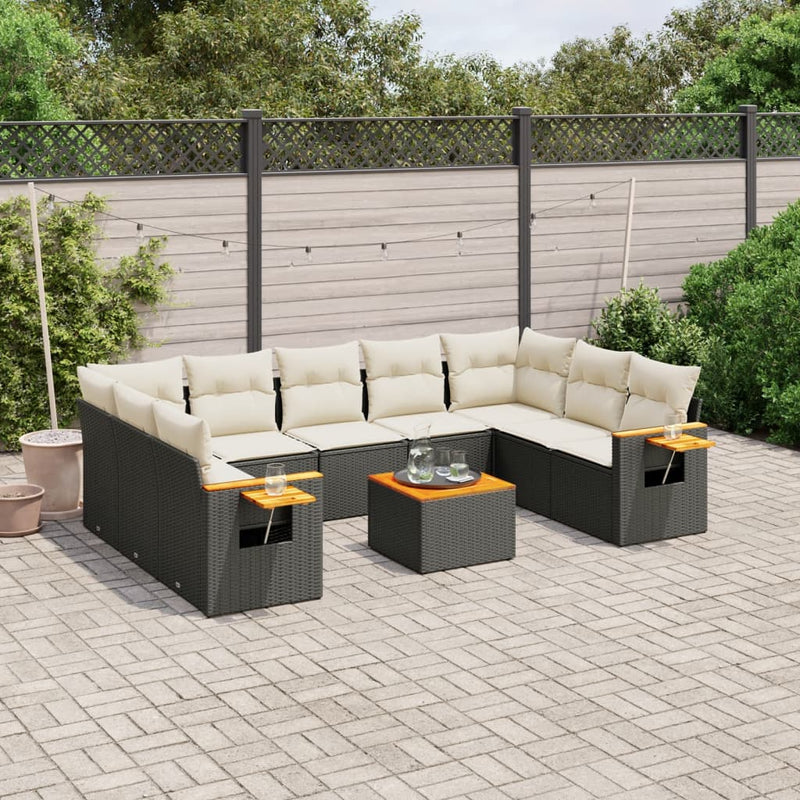 vidaXL 10 Piece Garden Sofa Set with Cushions Black Poly Rattan