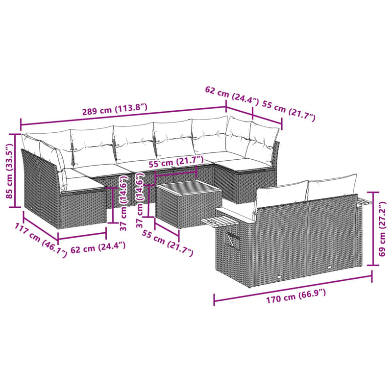 vidaXL 10 Piece Garden Sofa Set with Cushions Black Poly Rattan
