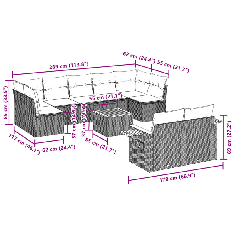 vidaXL 10 Piece Garden Sofa Set with Cushions Grey Poly Rattan
