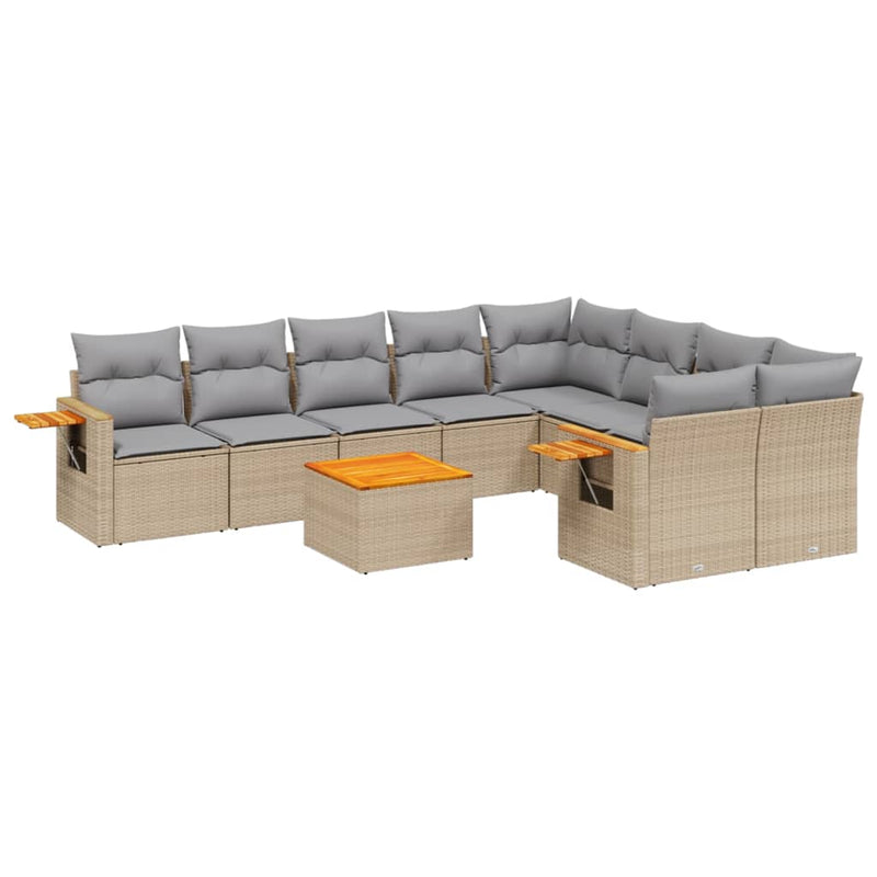 10 Piece Garden Sofa Set with Cushions Beige Poly Rattan