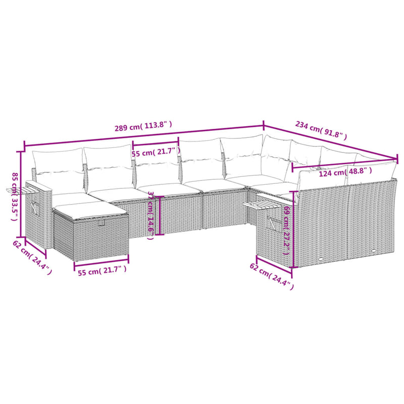 vidaXL 10 Piece Garden Sofa Set with Cushions Grey Poly Rattan