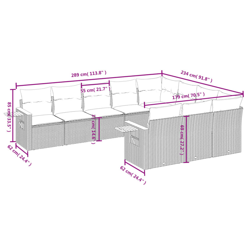 vidaXL 10 Piece Garden Sofa Set with Cushions Grey Poly Rattan