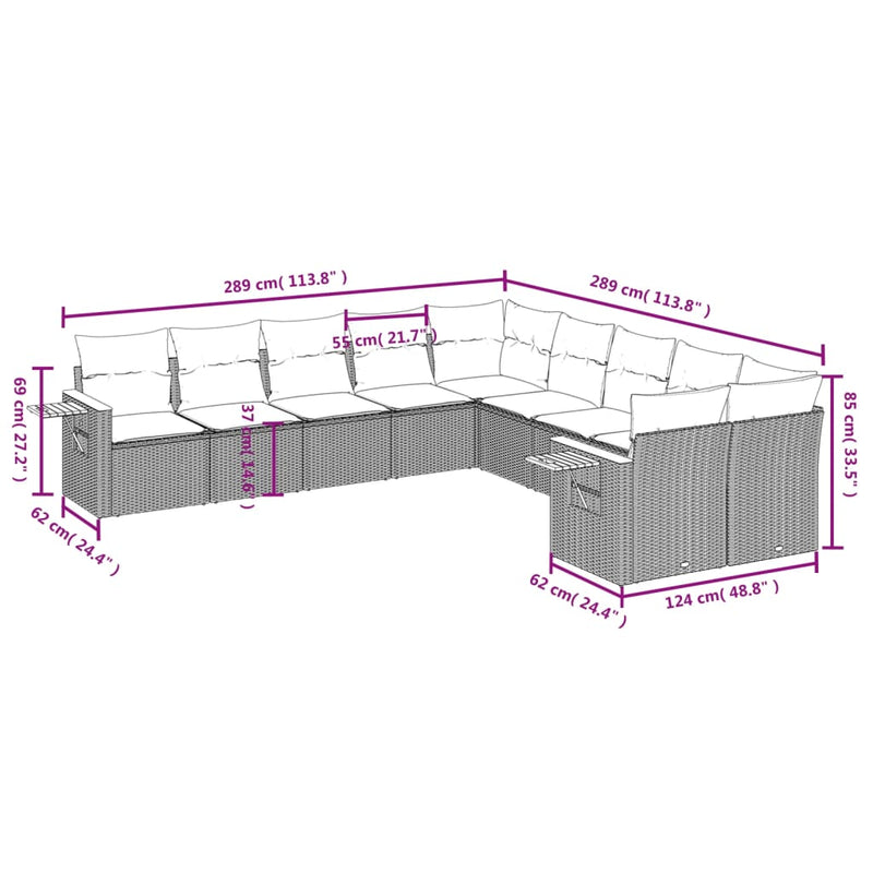 vidaXL 10 Piece Garden Sofa Set with Cushions Grey Poly Rattan