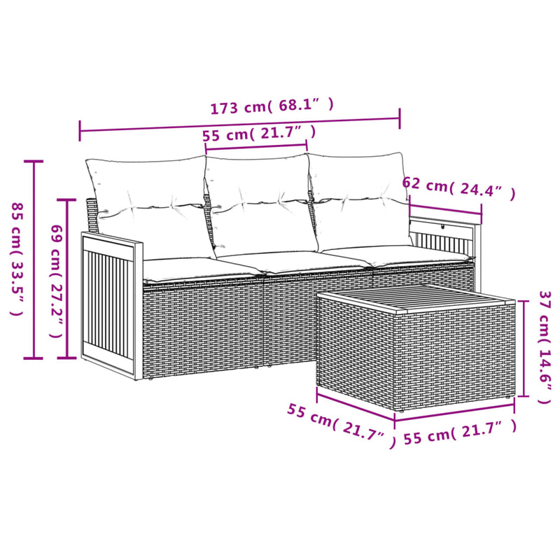 vidaXL 4 Piece Garden Sofa Set with Cushions Grey Poly Rattan