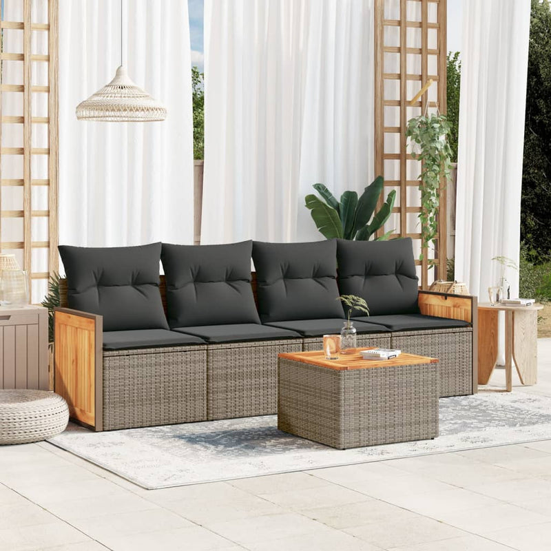 5 Piece Garden Sofa Set with Cushions Grey Poly Rattan