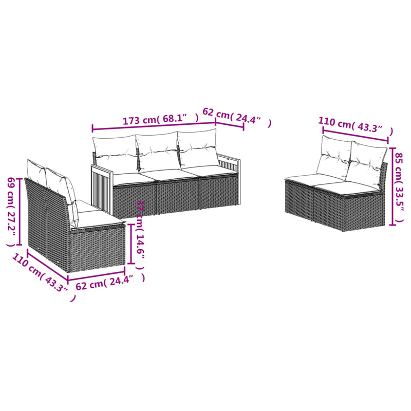 vidaXL 7 Piece Garden Sofa Set with Cushions Grey Poly Rattan