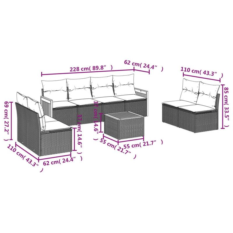 vidaXL 9 Piece Garden Sofa Set with Cushions Grey Poly Rattan
