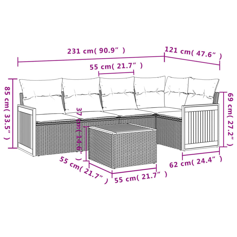 vidaXL 6 Piece Garden Sofa Set with Cushions Grey Poly Rattan