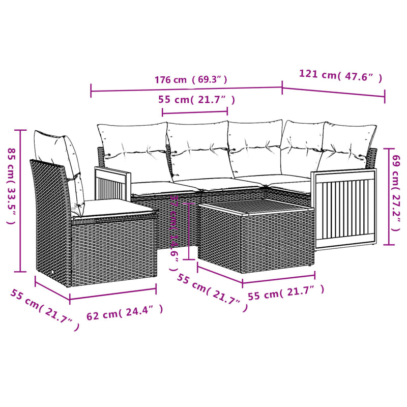 vidaXL 6 Piece Garden Sofa Set with Cushions Grey Poly Rattan