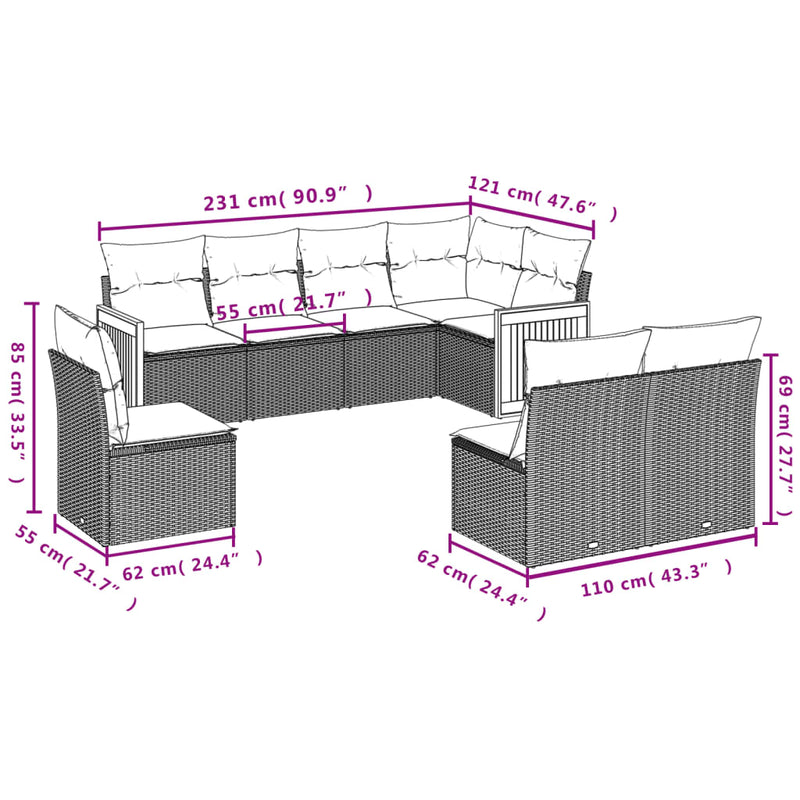 vidaXL 8 Piece Garden Sofa Set with Cushions Grey Poly Rattan