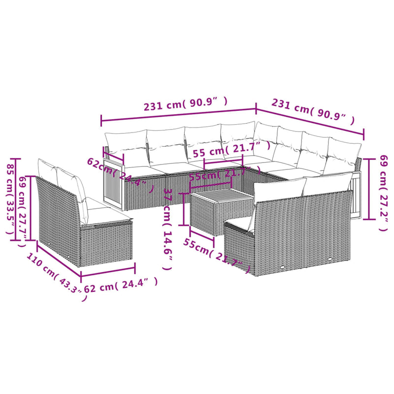 vidaXL 12 Piece Garden Sofa Set with Cushions Grey Poly Rattan