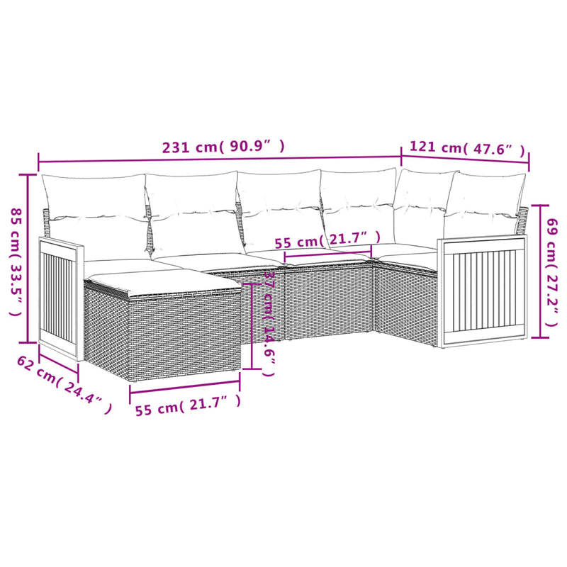 vidaXL 6 Piece Garden Sofa Set with Cushions Grey Poly Rattan