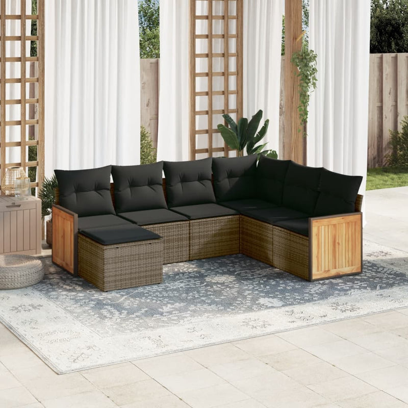 7 Piece Garden Sofa Set with Cushions Grey Poly Rattan