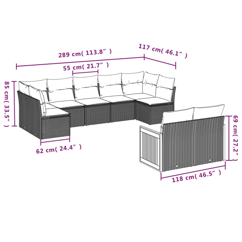 vidaXL 9 Piece Garden Sofa Set with Cushions Grey Poly Rattan