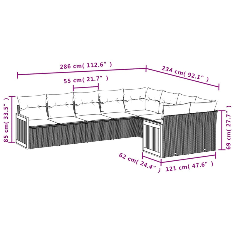 vidaXL 9 Piece Garden Sofa Set with Cushions Grey Poly Rattan