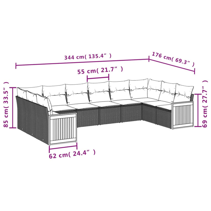 vidaXL 10 Piece Garden Sofa Set with Cushions Grey Poly Rattan