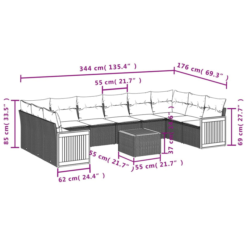 vidaXL 11 Piece Garden Sofa Set with Cushions Grey Poly Rattan