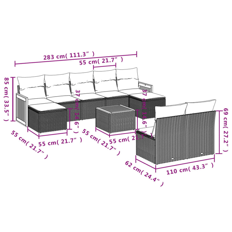vidaXL 10 Piece Garden Sofa Set with Cushions Grey Poly Rattan
