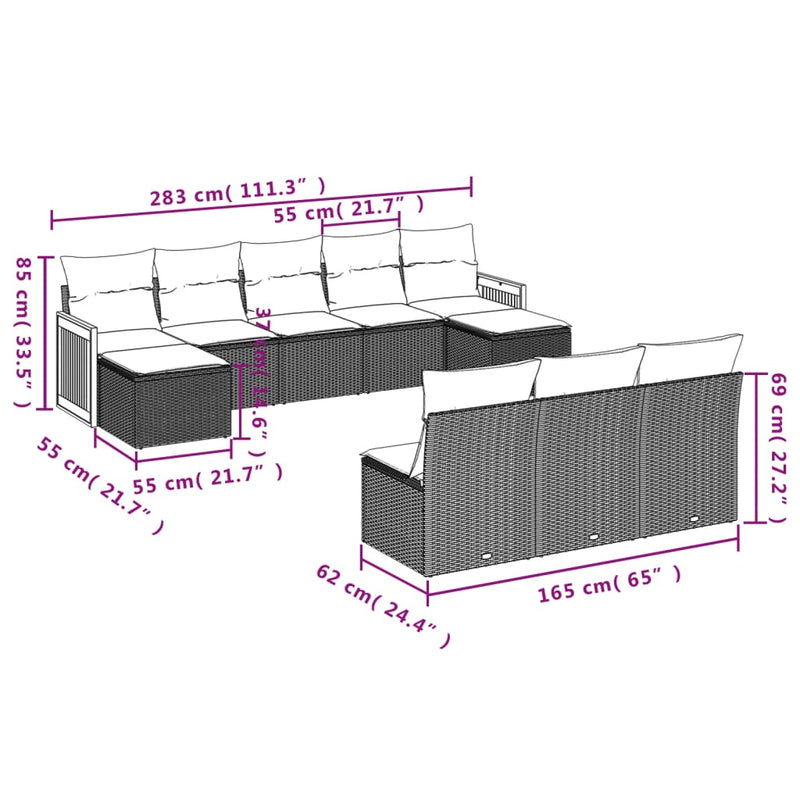 vidaXL 10 Piece Garden Sofa Set with Cushions Grey Poly Rattan