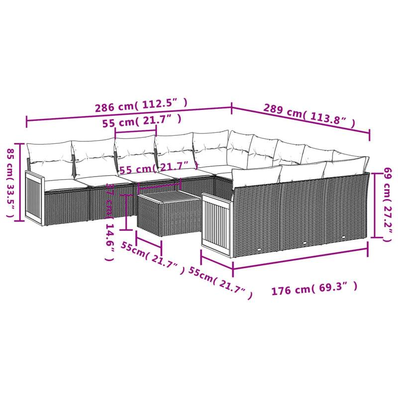 vidaXL 12 Piece Garden Sofa Set with Cushions Grey Poly Rattan