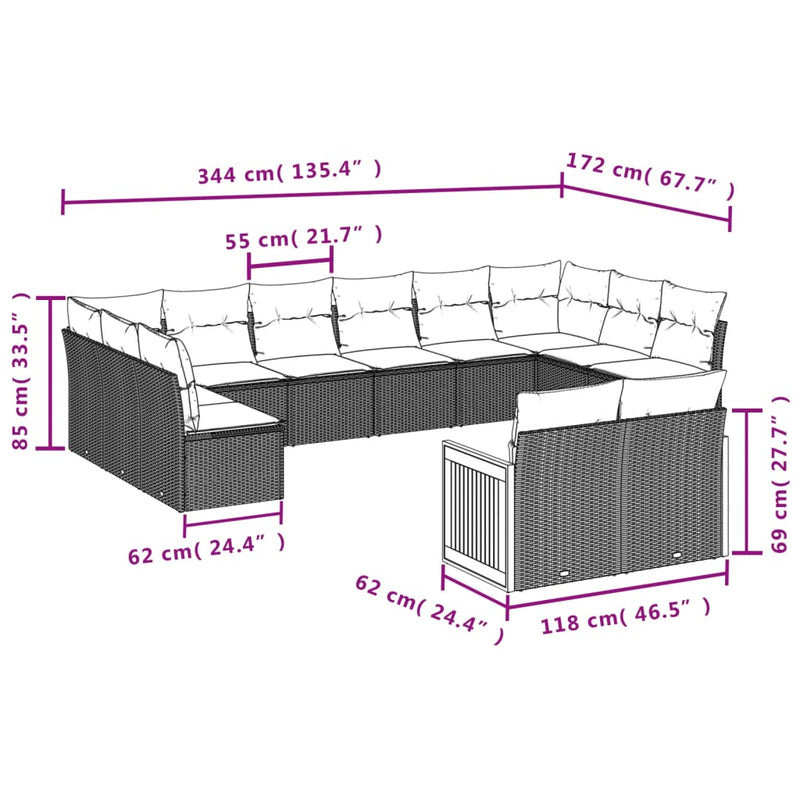 vidaXL 12 Piece Garden Sofa Set with Cushions Grey Poly Rattan