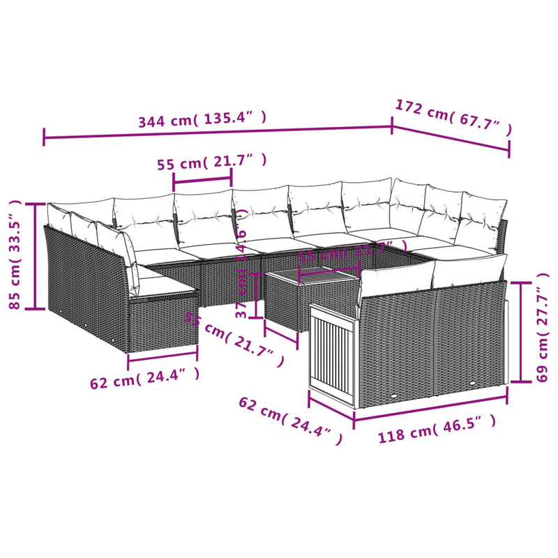 vidaXL 13 Piece Garden Sofa Set with Cushions Grey Poly Rattan