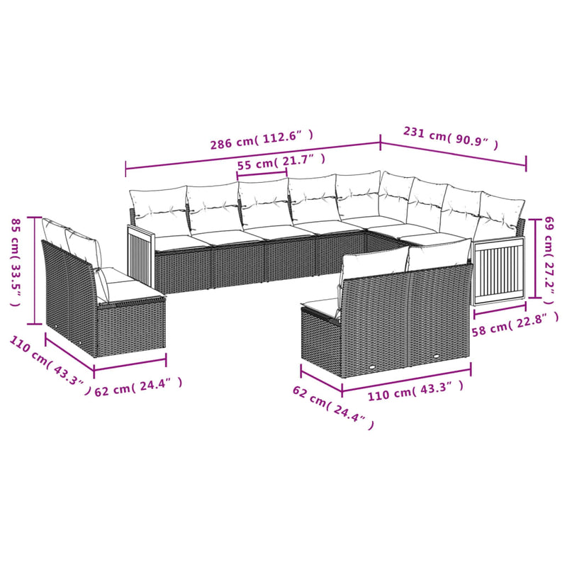 12 Piece Garden Sofa Set with Cushions Grey Poly Rattan