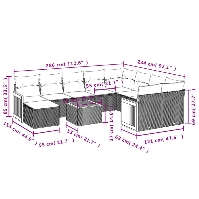 vidaXL 11 Piece Garden Sofa Set with Cushions Grey Poly Rattan