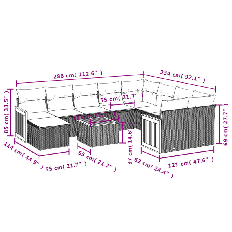 11 Piece Garden Sofa Set with Cushions Grey Poly Rattan