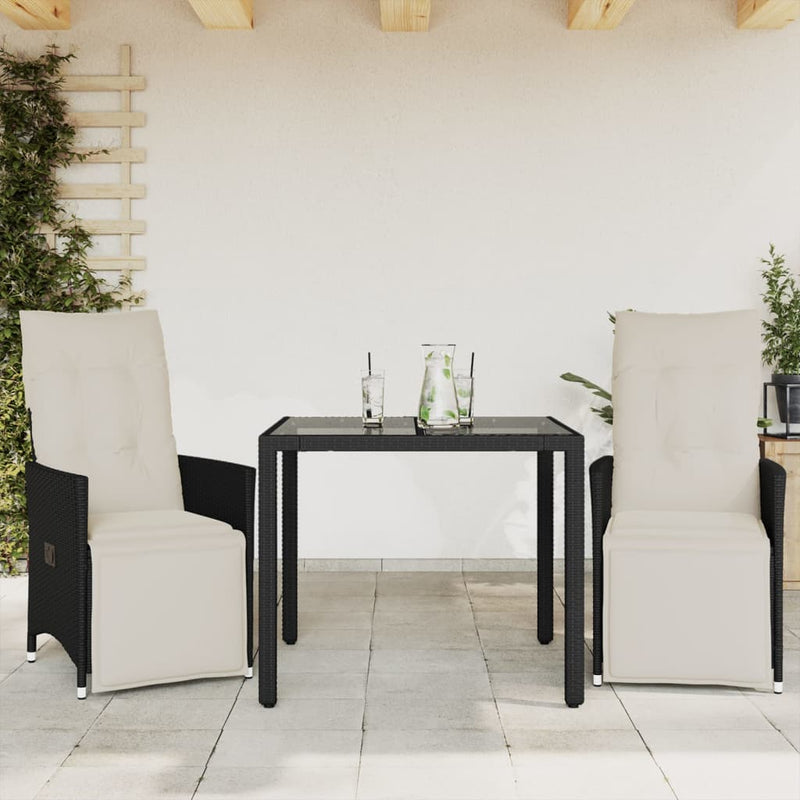 3 Piece Bistro Set with Cushions Black Poly Rattan