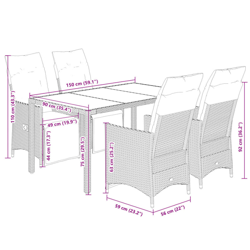 vidaXL 5 Piece Garden Bistro Set with Cushions Grey Poly Rattan