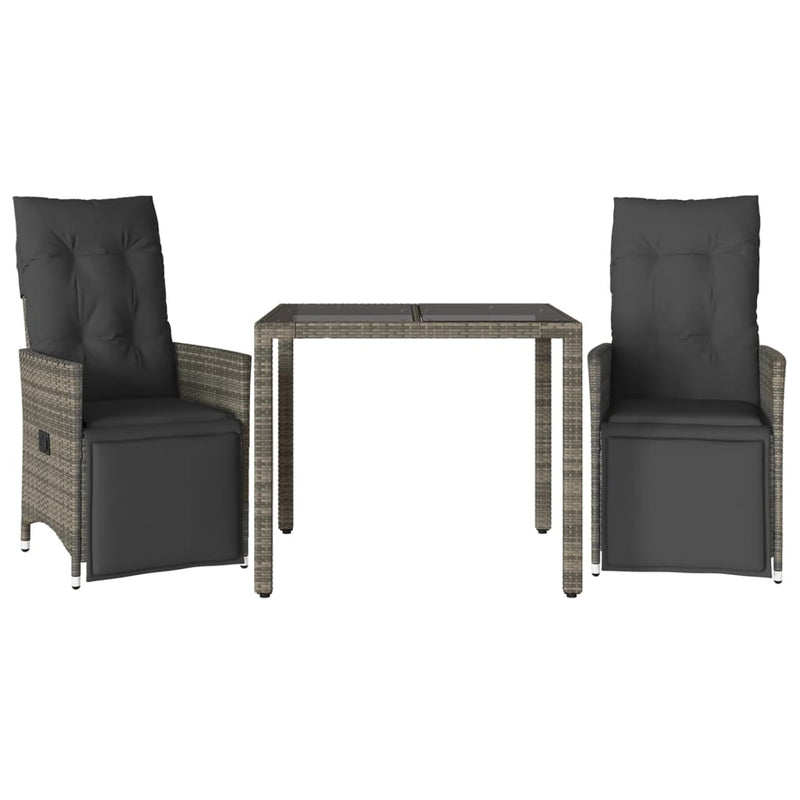 vidaXL 3 Piece Garden Bistro Set with Cushions Grey Poly Rattan
