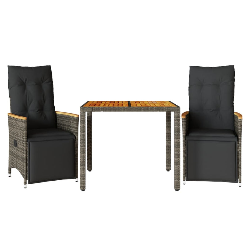 vidaXL 3 Piece Garden Bistro Set with Cushions Grey Poly Rattan