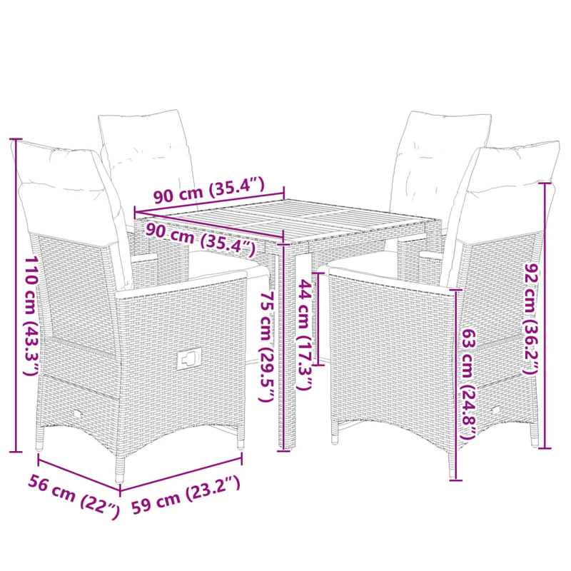 vidaXL 5 Piece Garden Bistro Set with Cushions Grey Poly Rattan