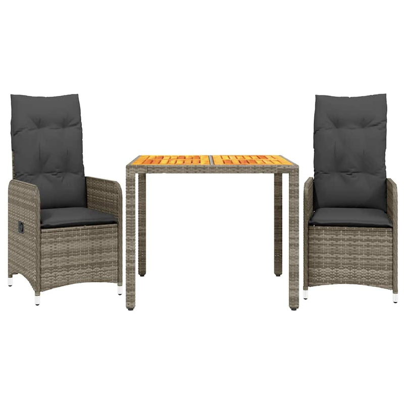 vidaXL 3 Piece Garden Bistro Set with Cushions Grey Poly Rattan
