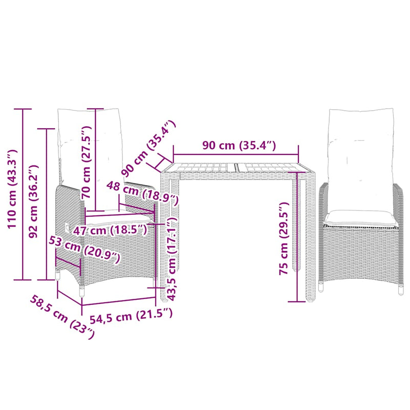 vidaXL 3 Piece Garden Bistro Set with Cushions Grey Poly Rattan