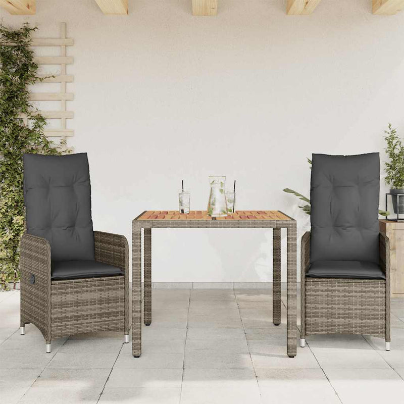 vidaXL 3 Piece Garden Bistro Set with Cushions Grey Poly Rattan