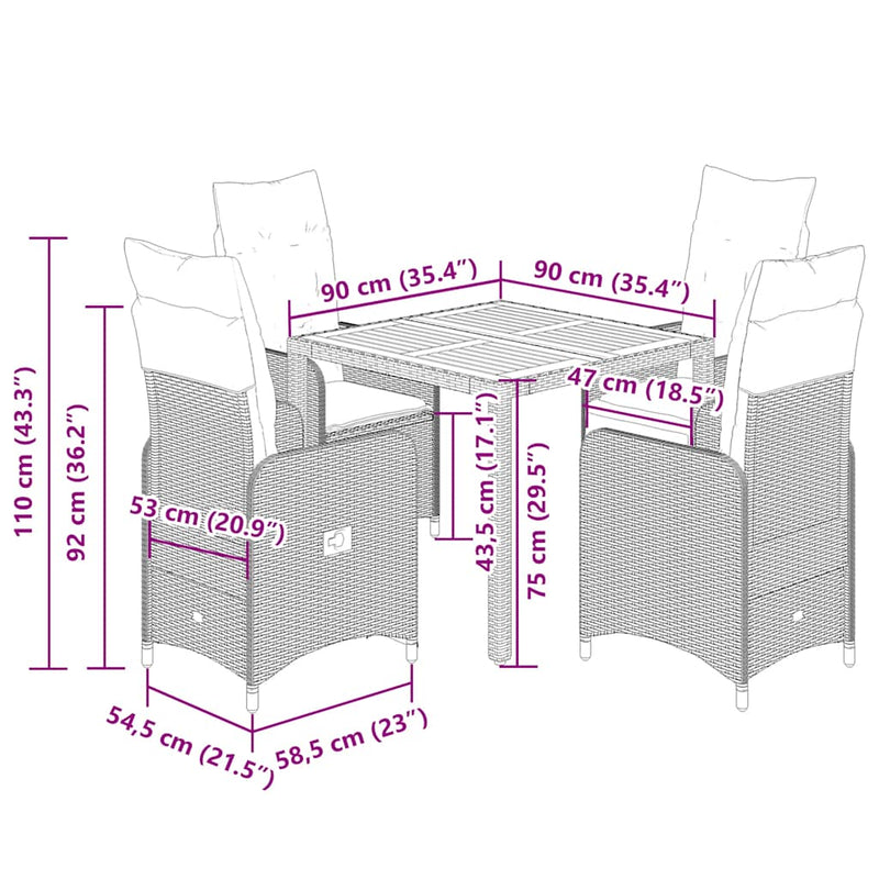 vidaXL 5 Piece Garden Bistro Set with Cushions Grey Poly Rattan