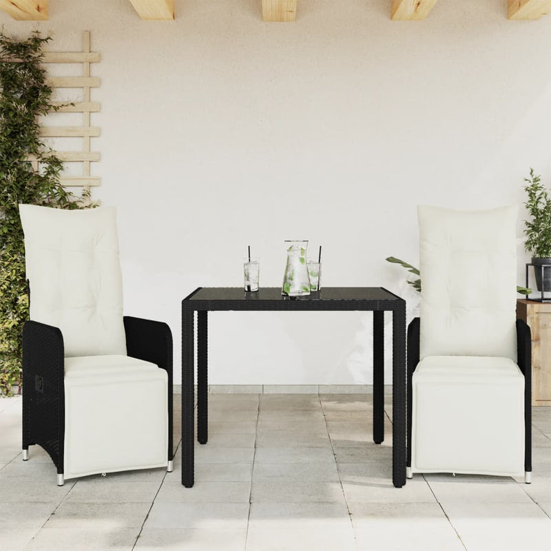 3 Piece Garden Bistro Set with Cushions Black Poly Rattan