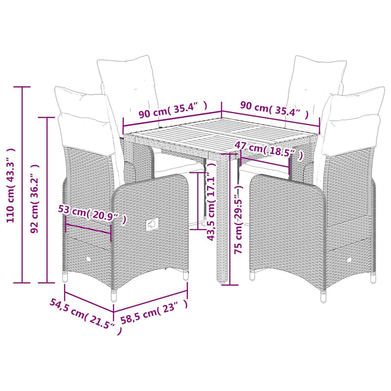 vidaXL 5 Piece Garden Bistro Set with Cushions Grey Poly Rattan