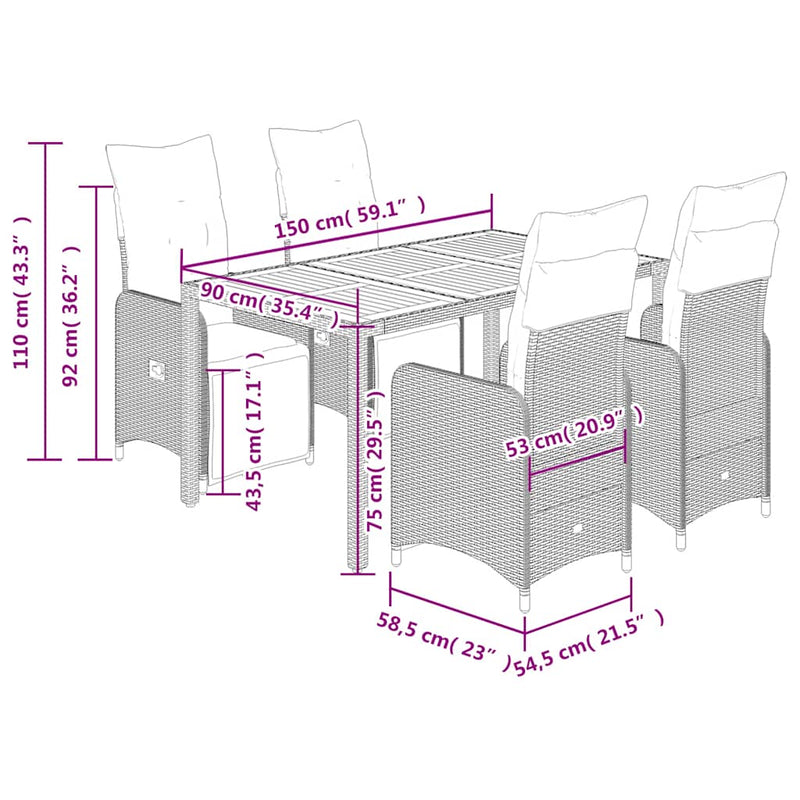 vidaXL 5 Piece Garden Bistro Set with Cushions Grey Poly Rattan