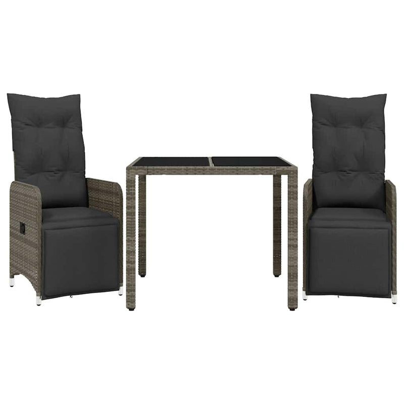 vidaXL 3 Piece Garden Bistro Set with Cushions Grey Poly Rattan