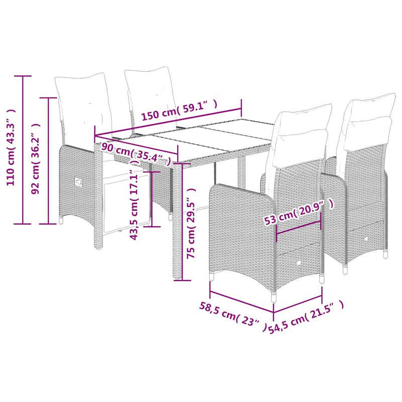 vidaXL 5 Piece Garden Bistro Set with Cushions Grey Poly Rattan