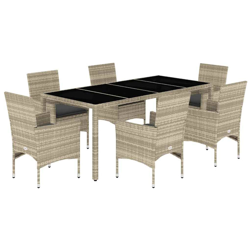 vidaXL 7 Piece Garden Dining Set with Cushions Light Grey Poly Rattan and Glass