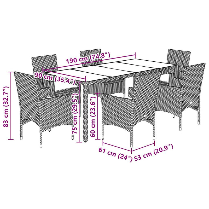 vidaXL 7 Piece Garden Dining Set with Cushions Light Grey Poly Rattan and Glass