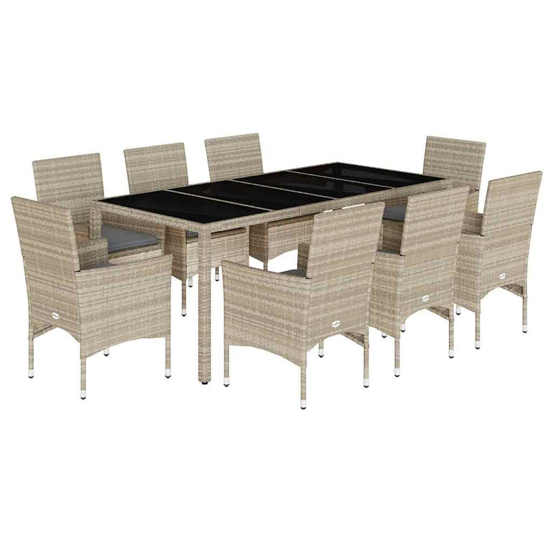 vidaXL 9 Piece Garden Dining Set with Cushions Light Grey Poly Rattan and Glass