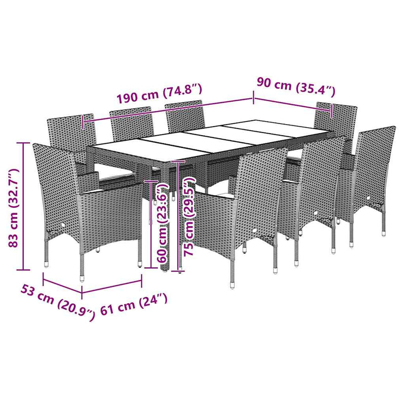 vidaXL 9 Piece Garden Dining Set with Cushions Light Grey Poly Rattan and Glass