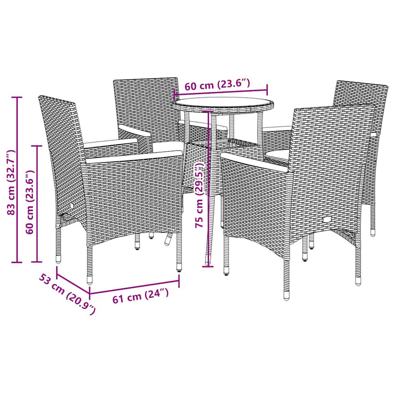 vidaXL 5 Piece Garden Dining Set with Cushions Black Poly Rattan and Glass