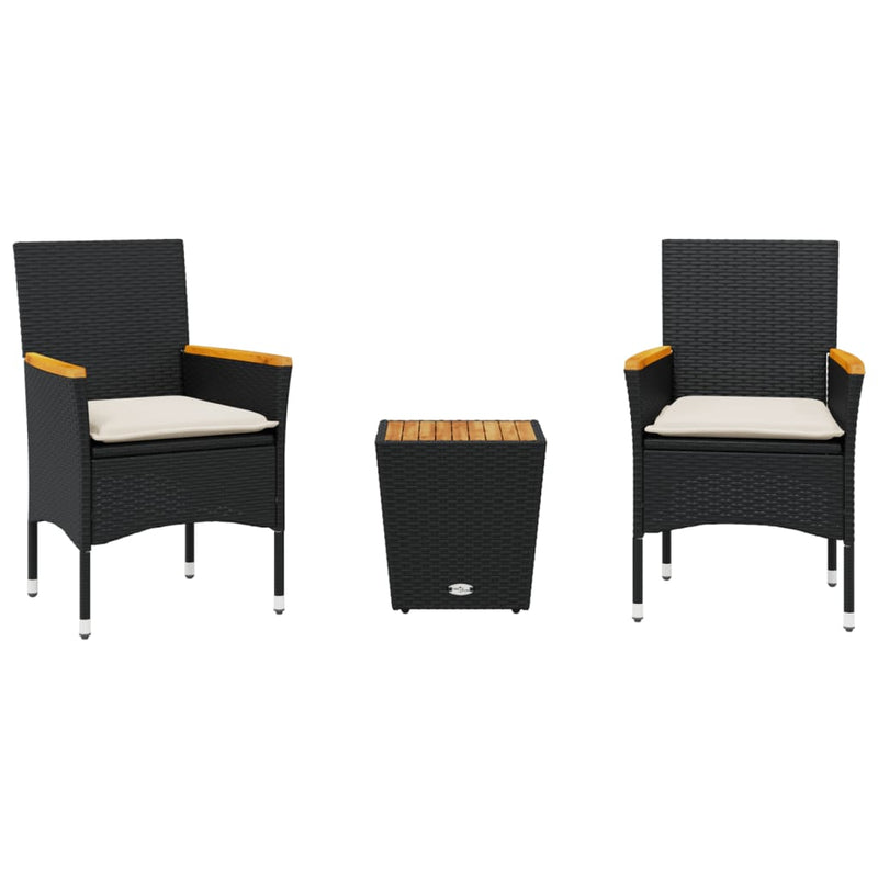 vidaXL 3 Piece Bistro Set with Cushions Black Poly Rattan and Glass