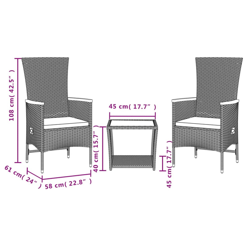 vidaXL 3 Piece Garden Dining Set with Cushions Black Poly Rattan